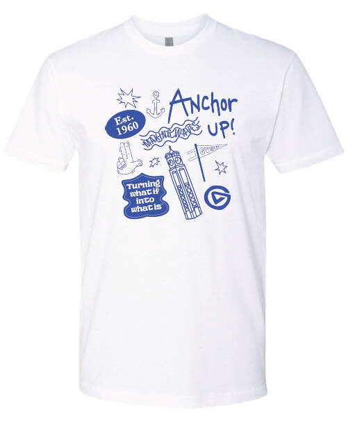 white t shirts with a GV clock tower icon, Anchor Up!, an anchor icon, a GV logomark, the anchor up hand icon all as a design on the chest